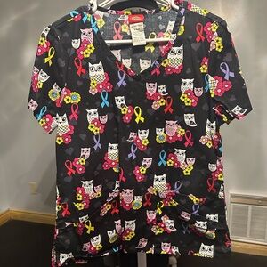 Dickies Black Scrub Top with Pink, Yellow & Purple Owl Print